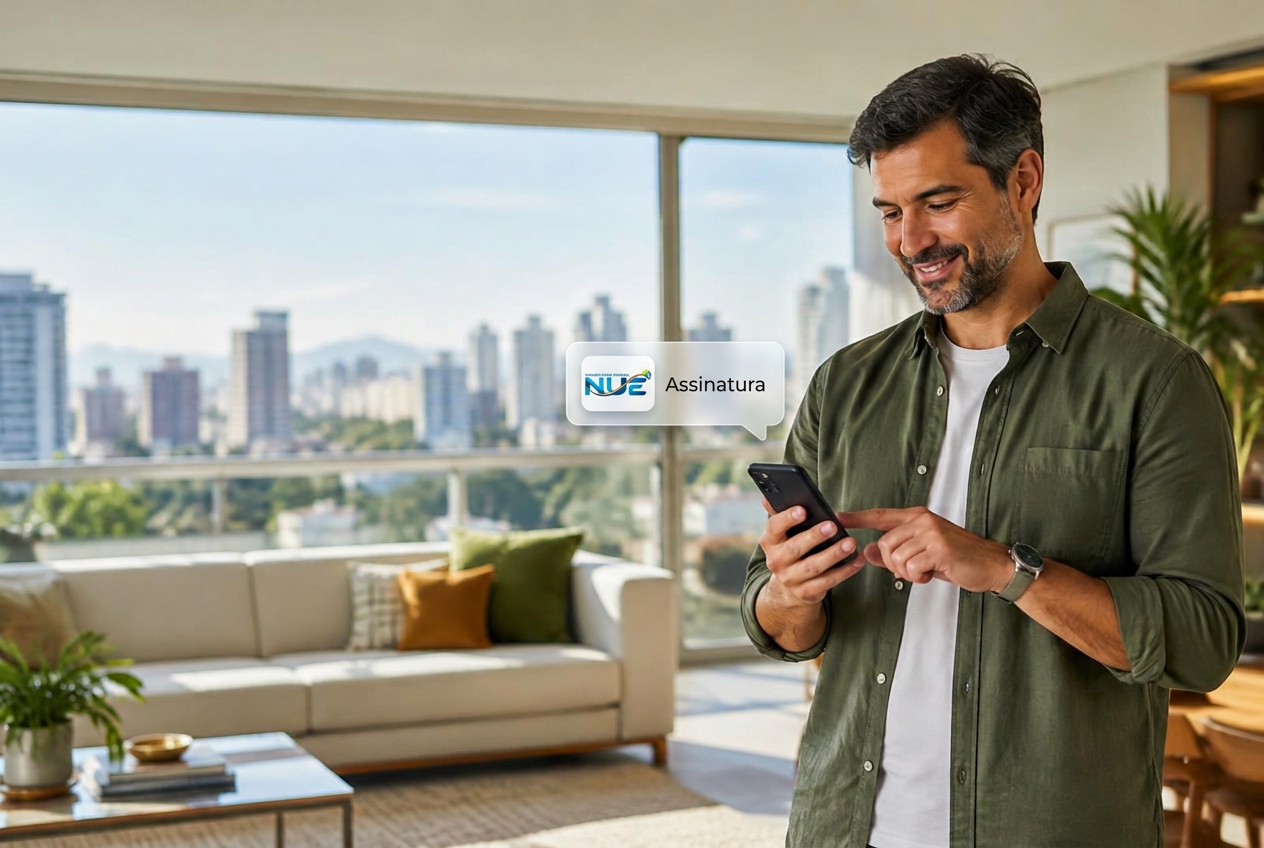 Cliente em apartamento consultando sua economia de energia pelo celular