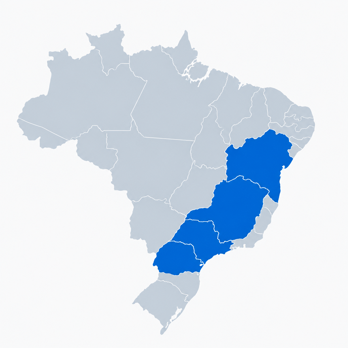 Mapa do Brasil com as bases da Nacional Ultra Energias em São Paulo, Paraná, Minas Gerais e Bahia