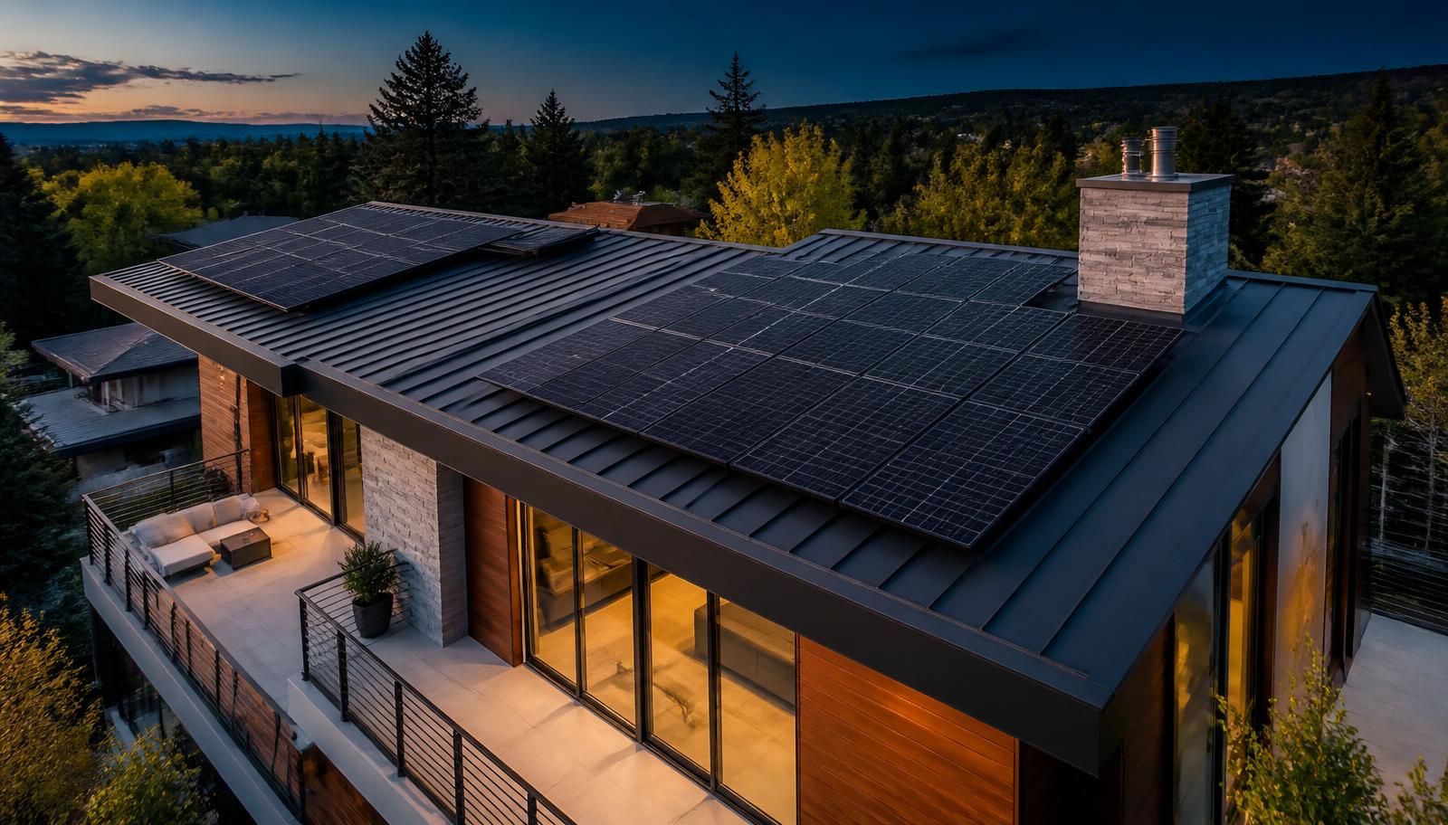 Cobertura residencial com módulos fotovoltaicos instalados ao entardecer